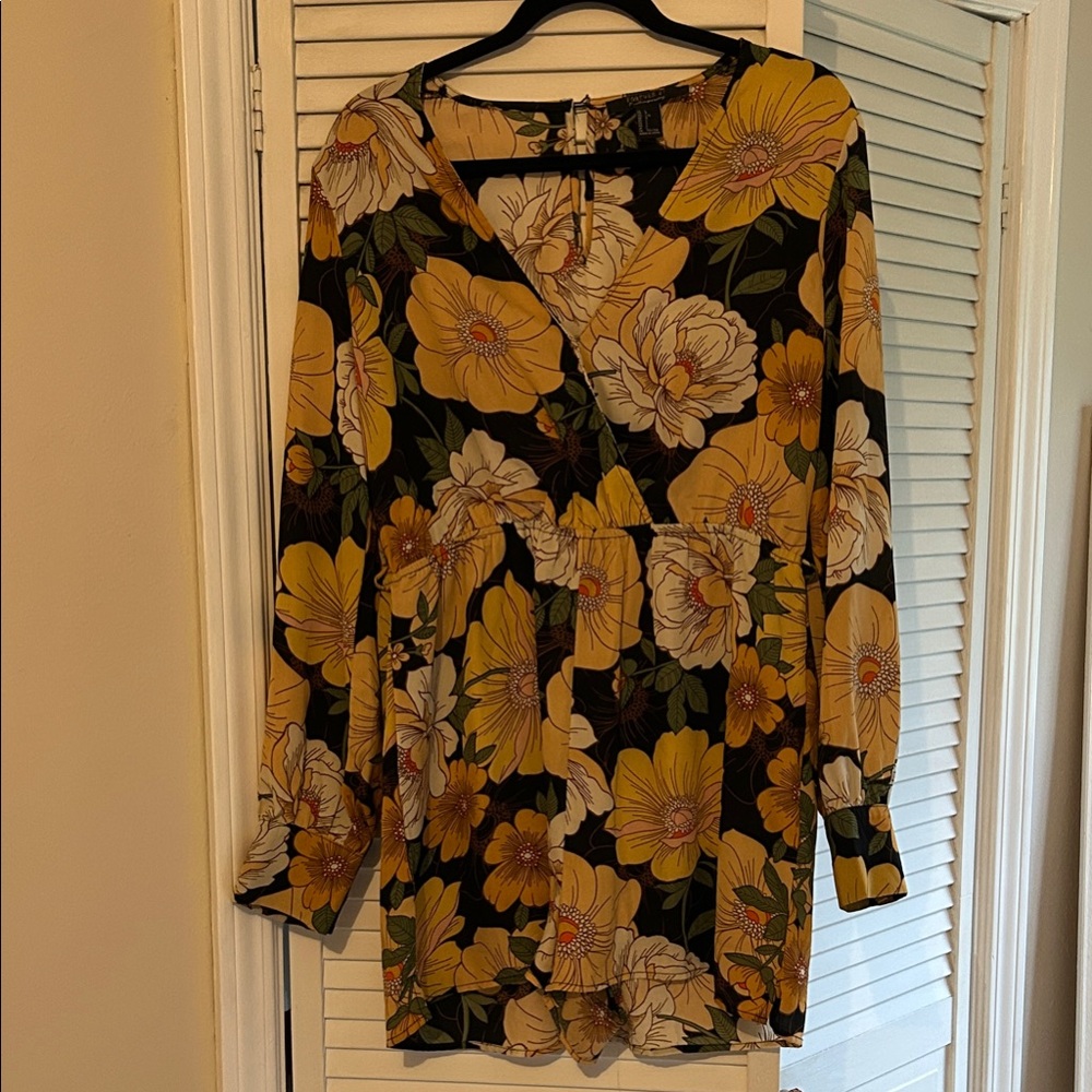 Floral V-Neck Jumpsuit in Black and Yellow